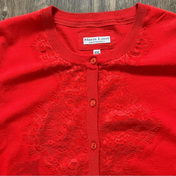 Marie Lund Vtg Red Long Sleeves Button Lace Knit Cardigan Sweater Holidays XL - Picture 9 of 14